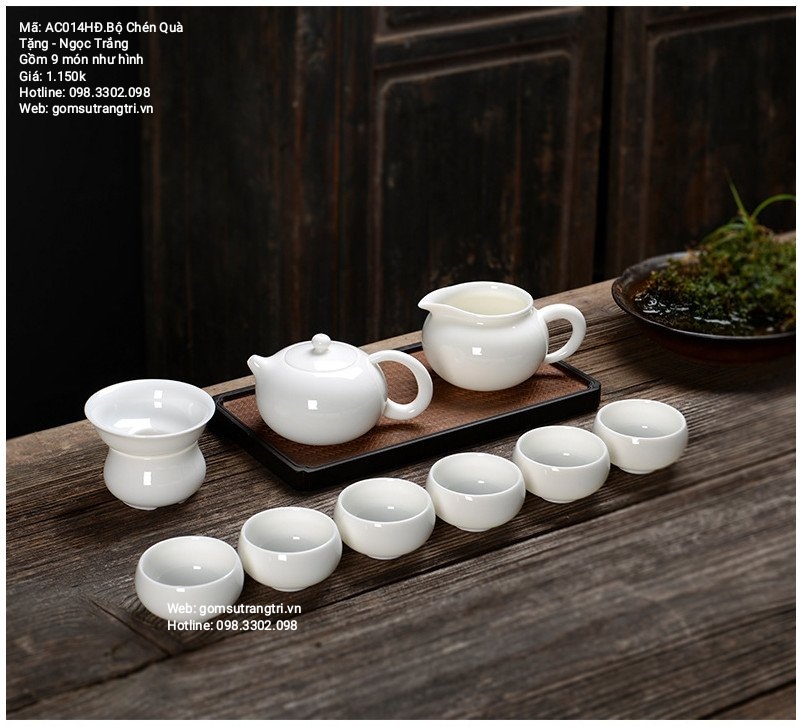 Bộ ấm chén trà ngọc trắng, quà tặng, trang trí nhà cửa, bộ ấm chén có hộp sang trọng